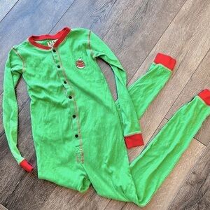 Lazy One size 12 one piece pajama set green red holiday Christmas matching pjs